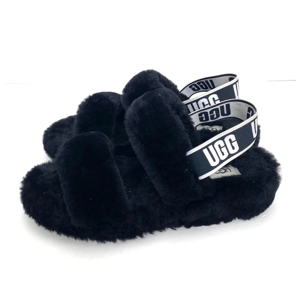 Ugg Oh Yeah Fur Double Strap Flat Sandals In Black Size 10